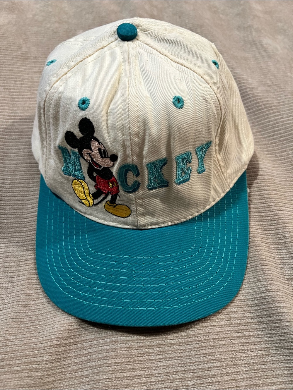 Mickey Mouse Embroidered Baseball Cap - Teal Brim vintage